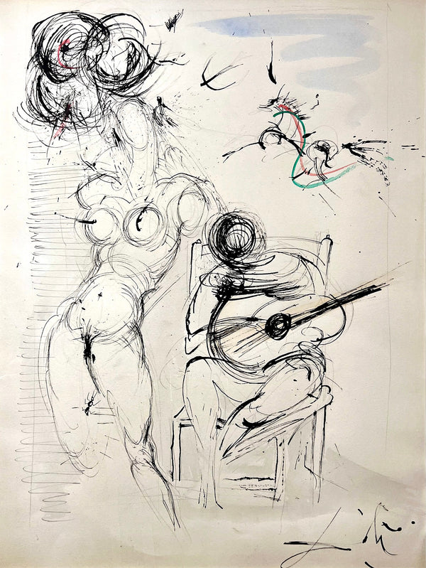 Nude with Guitar, Mixed Media on Paper by Salvador Dali, circa 1967 | Vanità Gallery